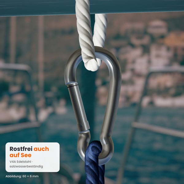 Edelstahl Karabinerhaken aus V4A Edelstahl, salzwasserbeständig, Abbildung 60 mal 6 Millimeter, für maritime Anwendungen geeignet