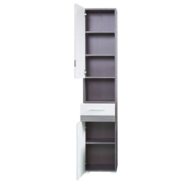 SetOne Bad Hochschrank 2 Türen, 1 Schublade, 1 Offenes Fach rauchsilber, weiß Hochglanz. 37 X 31 X 182 cm