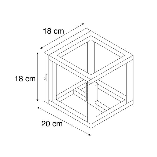 Technische Zeichnung einer Würfel Lampe mit den Maßen 18 mal 18 mal 20 Zentimeter.