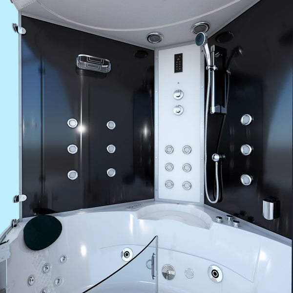 Moderne Dampfdusche mit Whirlpool-Badewanne, schwarzen Glasrückwänden, Massagedüsen, Handbrause und digitalem Bedienfeld.