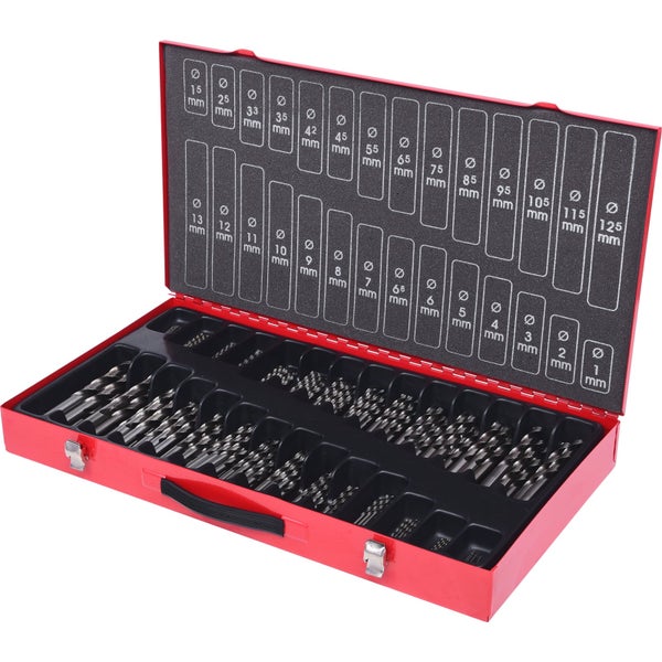 Bohrer Set in rotem Metallkoffer mit verschiedenen Größen