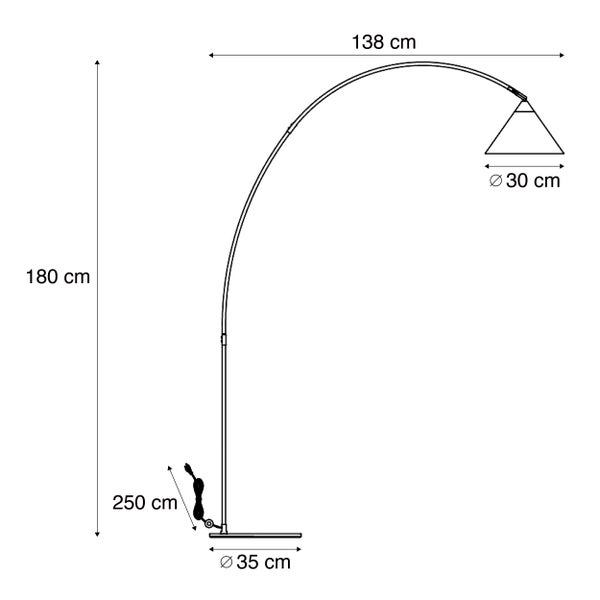 Maßzeichnung einer Bogenlampe: Höhe 180 Zentimeter, Ausladung 138 Zentimeter, Schirmdurchmesser 30 Zentimeter.