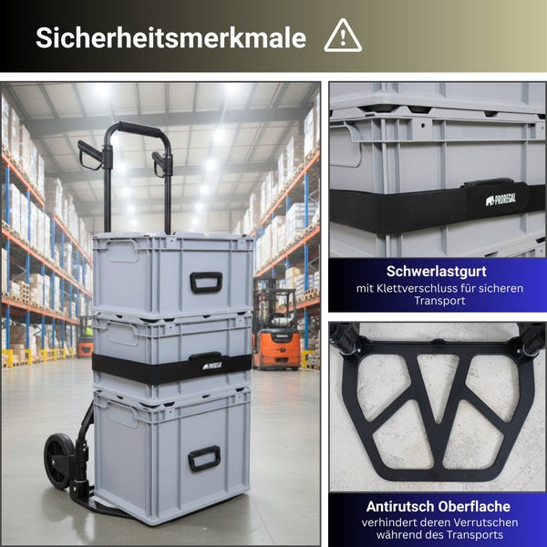 Sackkarre mit gestapelten Kisten, Schwerlastgurt mit Klettverschluss, Proregal Logo und Antirutsch-Oberfläche für sicheren Transport.