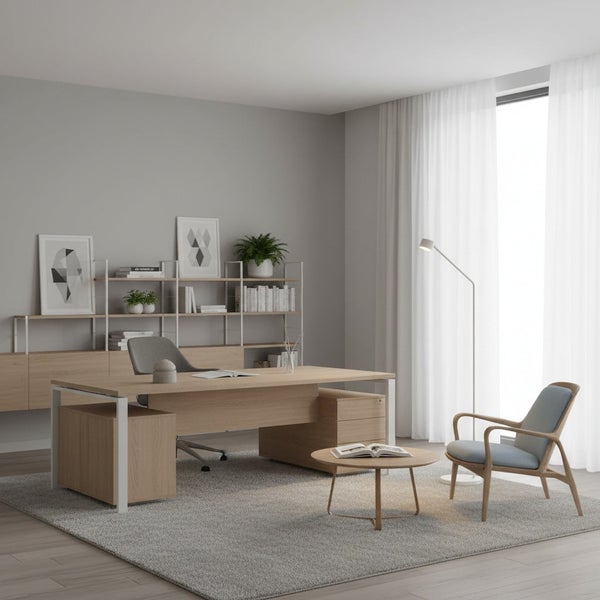 Modernes Büro mit Holzschreibtisch, Stuhl und Bücherregal in einer hellen, organisierten Umgebung mit Teppich und Stehlampe.