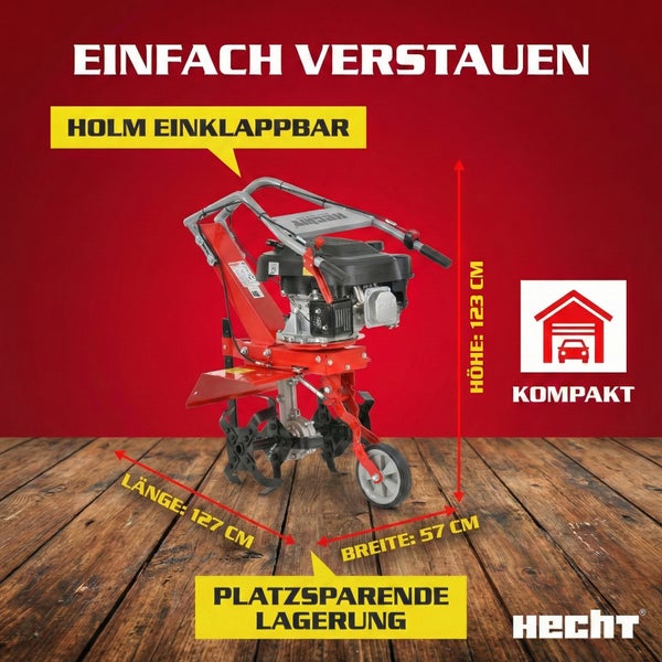 Hecht Motorhacke mit einklappbarem Holm, Länge 127 cm, Breite 57 cm, Höhe 123 cm