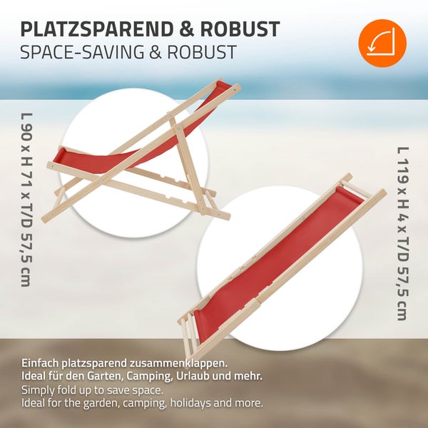 Klappbarer Garten-Liegestuhl aus Holz mit rotem Stoff, aufgestellt und zusammengeklappt dargestellt mit Maßen in Zentimeter.
