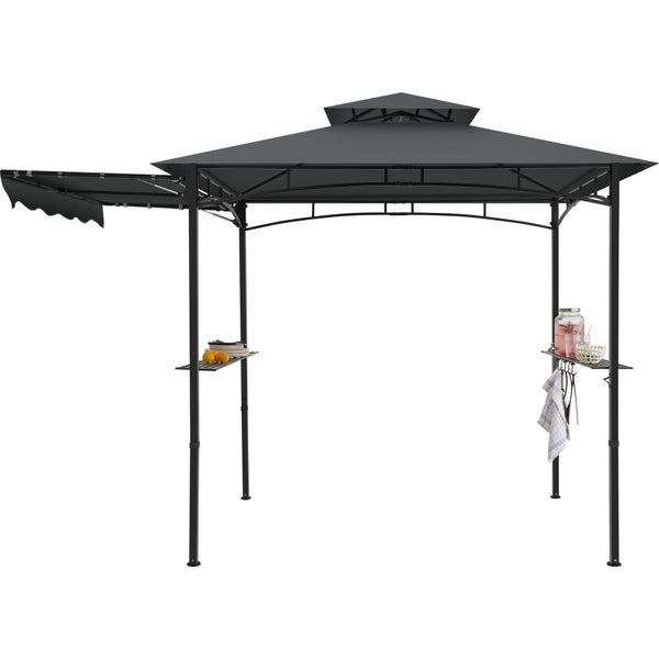 Grillpavillon mit Doppeldach, Metallgestell, Seitenablagen, Haken und einer ausziehbaren Seitenwand.