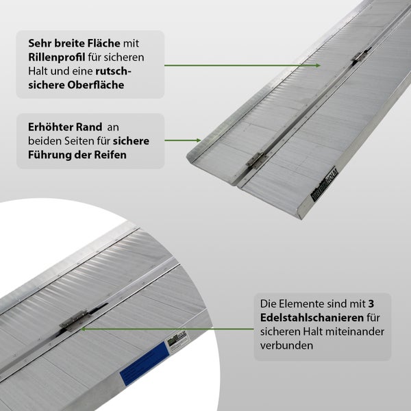 TrutzHolm Auffahrrampe aus Aluminium mit breiter, gerillter Oberfläche, erhöhtem Rand und drei Edelstahlscharnieren.