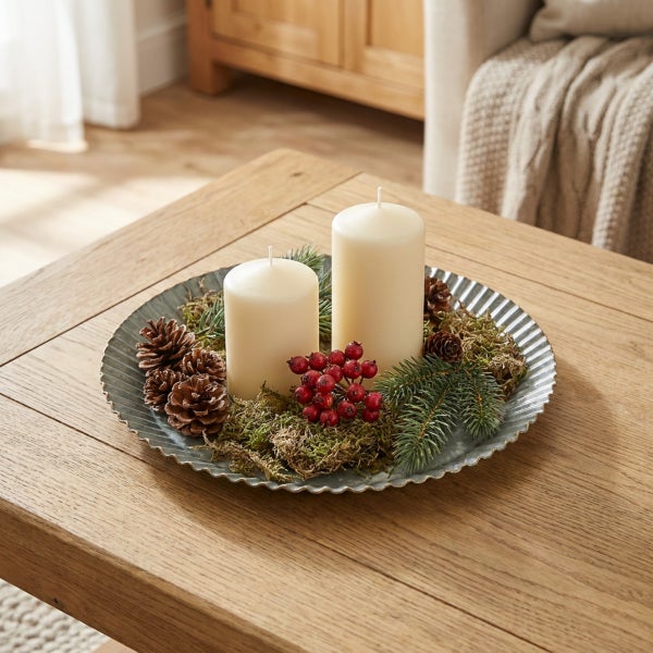 Weihnachtliche Tischdekoration mit zwei Stumpenkerzen, Tannenzapfen, Moos, Beeren und Tannenzweigen auf einem runden Metallteller aus Zink.