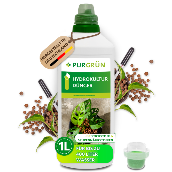 Purgrün Hydrokultur Dünger, 1 Liter Flasche für Hydrokulturen mit Stickstoff und Spurennährstoffen, hergestellt in Deutschland.