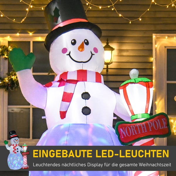 Aufblasbarer Schneemann als Weihnachtsdekoration mit integrierter LED-Beleuchtung und Nordpol-Schild.