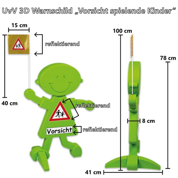 3D Warnschild Vorsicht spielende Kinder mit reflektierender Folie und Wunschtext für mehr Verkehrssicherheit / (1 Stück)