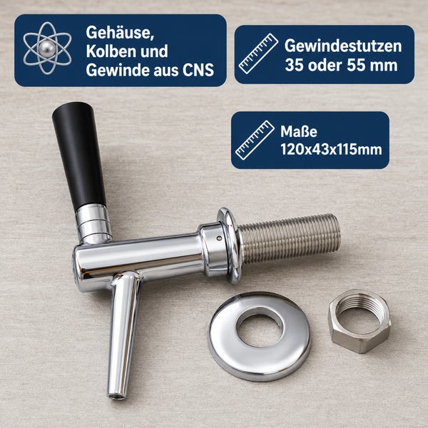 Edelstahl Schankhahn für Getränke mit Gehäuse Kolben und Gewinde aus CNS sowie einer Gewindestutzen Länge von 35 oder 55 Millimetern.