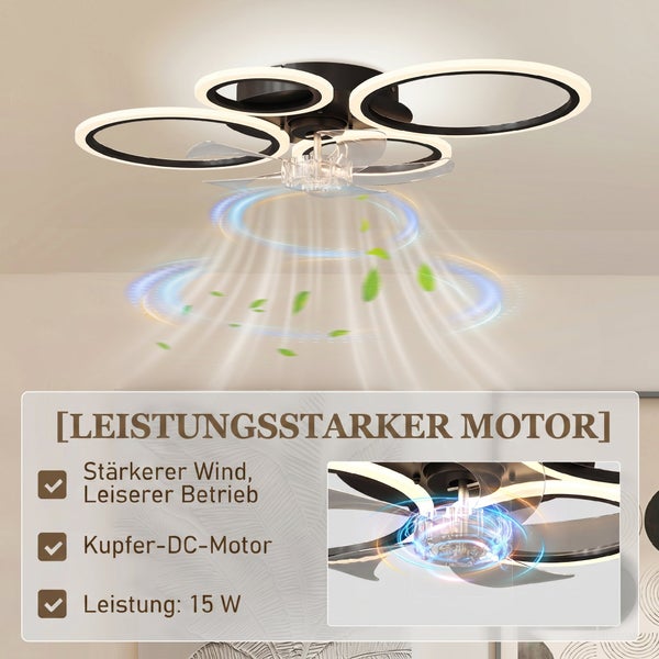 Moderner Deckenventilator mit vier LED-Lichtringen, transparenten Flügeln und leistungsstarkem, leisem 15 Watt Kupfer-DC-Motor.