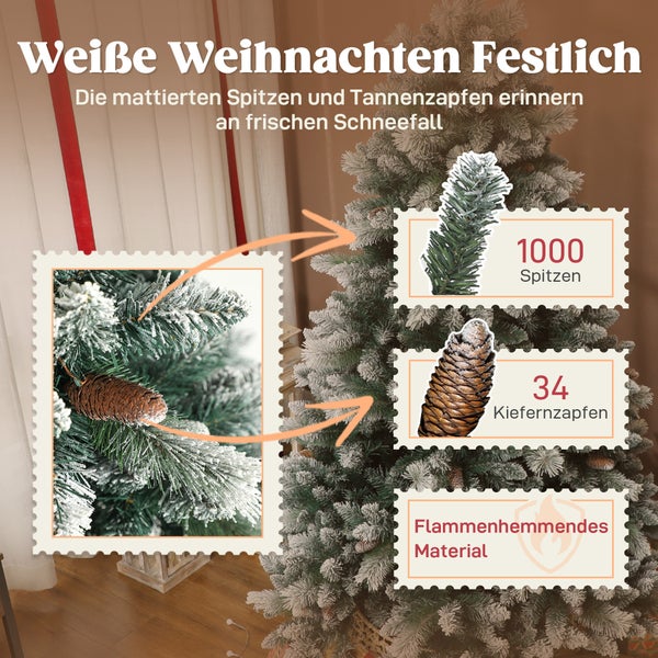 Künstlicher Weihnachtsbaum mit 1000 verschneiten Spitzen und 34 Kiefernzapfen aus flammenhemmendem Material.