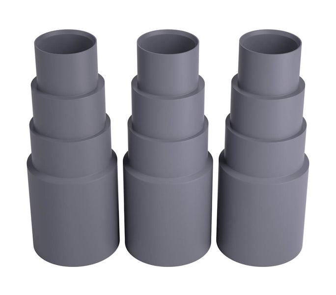 Drei graue Staubsaugeradapter aus Kunststoff
