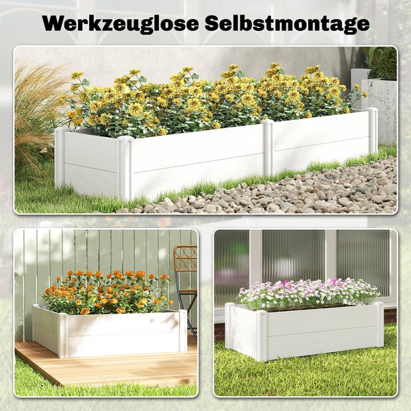 Weißes Hochbeet aus Kunststoff in Holzoptik mit Blumen in einem Garten, werkzeuglose Selbstmontage.