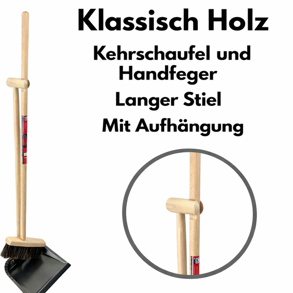 Klassisches Kehrset aus Holz bestehend aus Kehrschaufel und Handfeger mit langem Stiel und praktischer Aufhängung.