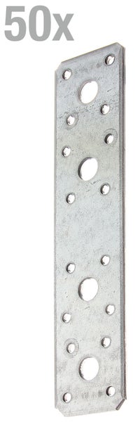 Ein Set aus 50 Lochplatten aus verzinktem Stahl mit verschiedenen Bohrungen für Holzverbindungen.