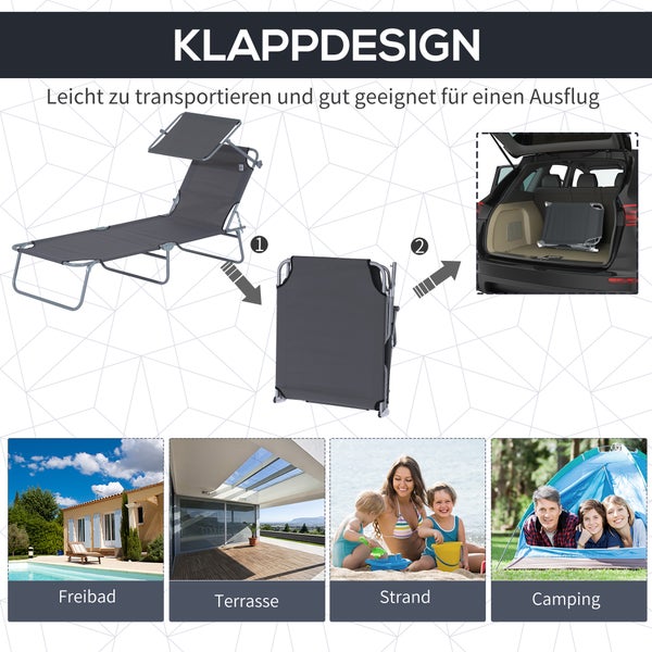 Outsunny Sonnenliege, klappbar, mit Sonnenschutz, 187 x 58 x 36 cm, Metall, Oxford-Gewebe, Grau