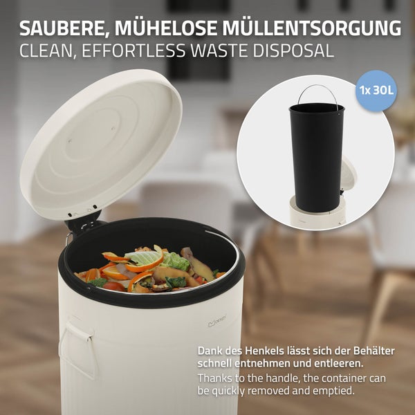Tretabfallbehälter mit 30 Liter Volumen und entnehmbarem Inneneimer mit Tragegriff für einfache Entleerung.