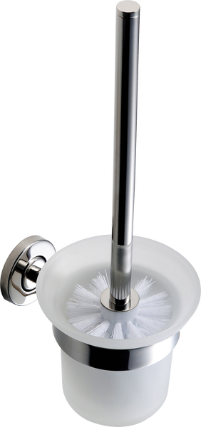 Wand-WC-Bürstengarnitur mit Behälter aus satiniertem Glas und Griff aus verchromtem Metall.