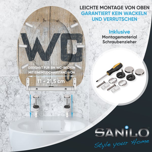 Sanilo WC Sitz mit Holzoptik und WC Aufdruck inklusive Montagematerial und Schraubenzieher für eine einfache Montage von oben.