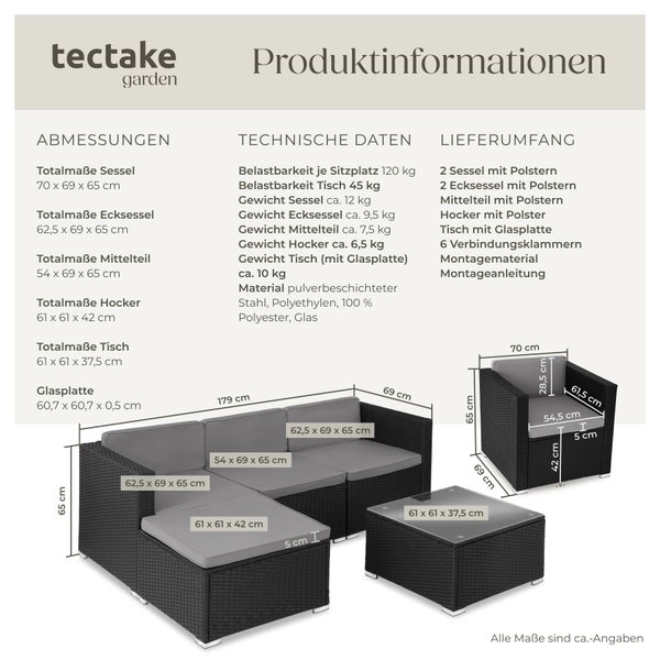 Rattan Lounge tectake Lignano variabel aufstellbar für 5 bis 6 Personen schwarz