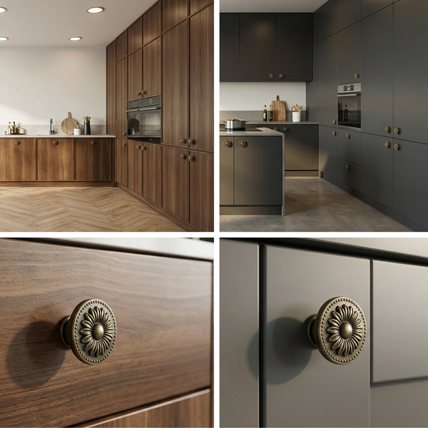 Küchenansicht mit Holzschränken und grauen Schränken mit Knaufgriffen im Blumendesign