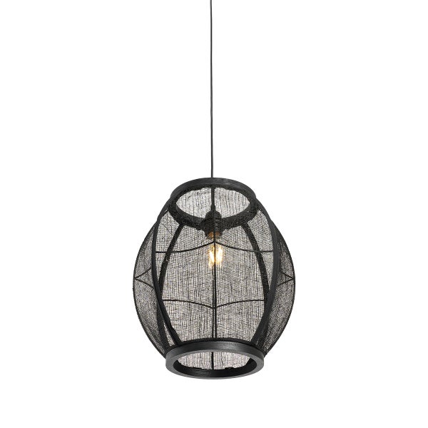 Hängeleuchte mit gewebtem Lampenschirm in Kugelform und Metallgestell zur Deckenmontage