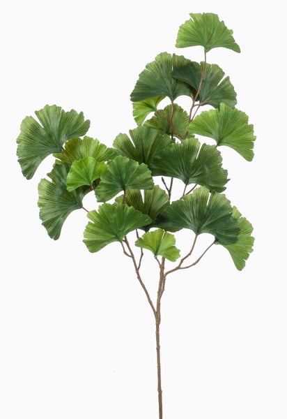 Künstlicher Ginkgozweig mit grünen, fächerförmigen Blättern an einem braunen Stiel.