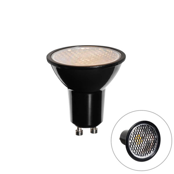 LED-Reflektorlampe GU10 mit schwarzem Gehäuse und Wabenlinse.