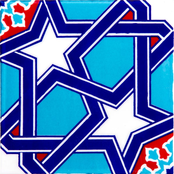 Dekorative Fliese mit geometrischem Sternmuster in Blau und Türkis