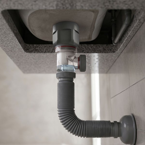 Flexibler Siphon mit transparentem Gehäuse unter einem Waschbecken montiert.