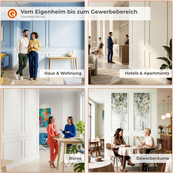 Wandleiste 500-LSC in verschiedenen Anwendungsbereichen wie Wohnräumen, Hotels, Büros und Gewerbeflächen mit klassischem Wandpaneel Design.