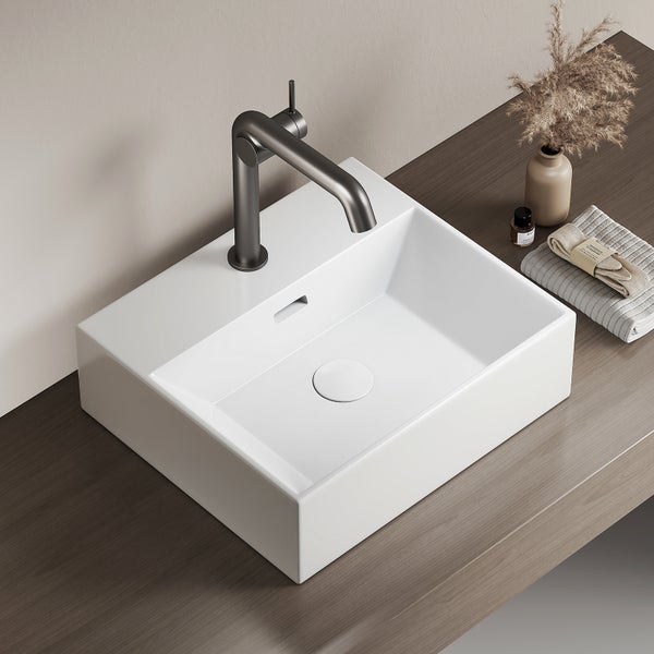 EMKE Aufsatzwaschbecken Keramik 415 x 360 mm, Glänzend Weiß, Mit Hahnloch – Eckiges Waschtisch für Aufsatz- & Wandmontage, für Badezimmer