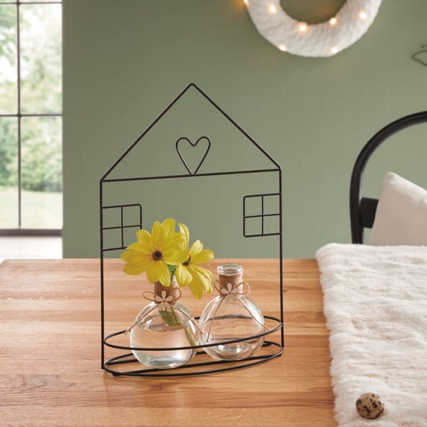 FRANK FLECHTWAREN|Vasenhalter Häuschen, 21,5 x 10 x 32 cm, METALL, GLAS, JUTE