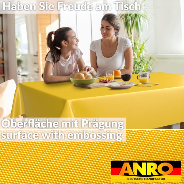 Gelbe Tischdecke mit geprägter Oberfläche, Szene mit Personen am Tisch, Detailansicht der Struktur und ANRO Logo.