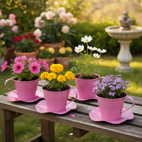 Vier verschiedene bunte Blumen in rosafarbenen Tassen-Pflanzgefäßen auf einer hölzernen Gartenbank in einem sonnigen Garten.