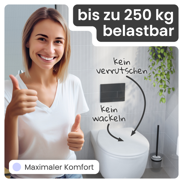 Damenporträt im Badezimmer mit spülrandlosem Stand-WC, das bis zu 250 Kilogramm belastbar ist. Das WC ist rutschfest und wackelt nicht und bietet maximalen Komfort.
