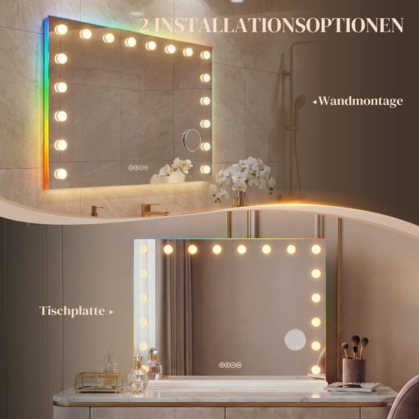 Hollywood-LED-Spiegel mit zwei Installationsoptionen: Wandmontage im Badezimmer oder als Tischspiegel auf einem Schminktisch.