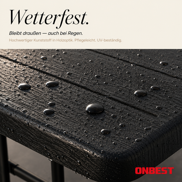 Wetterfester Kunststoff in Holzoptik mit Wassertropfen auf der Oberfläche. Ultraviolett-beständig und pflegeleicht. ONBEST Logo.