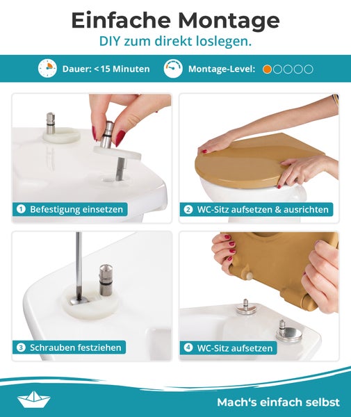Infografik zur einfachen Montage eines Toilettensitzes in vier Schritten mit Zeitangabe unter 15 Minuten und niedrigem Schwierigkeitsgrad.