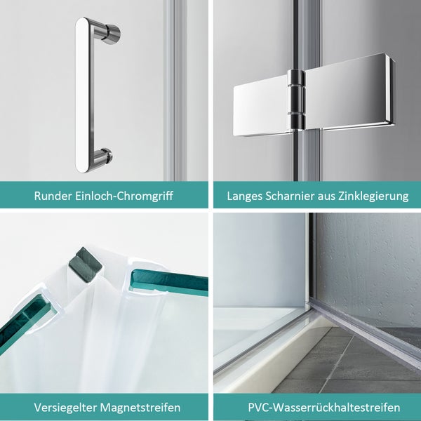 Details einer Duschkabine: Griff, Scharnier, Magnetstreifen und Wasserabweiser