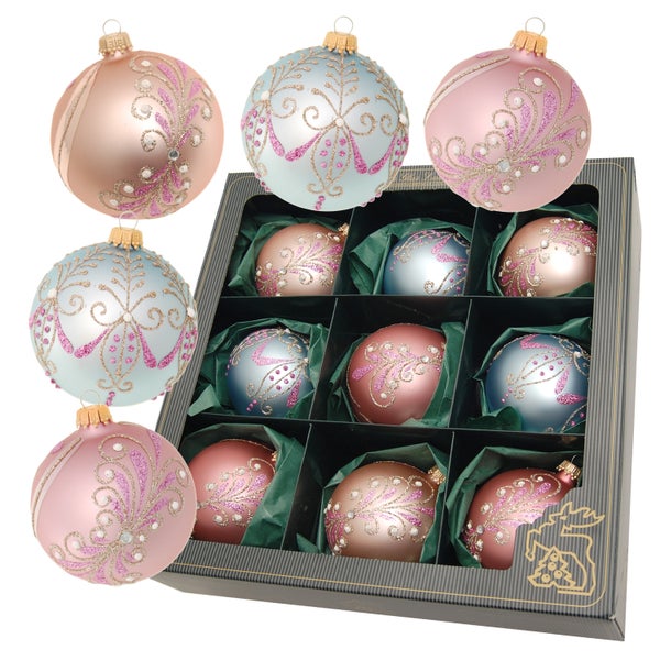Rosafarbig 8cm Glaskugelsortiment, mundgeblasen, handbemalt , 9 Stck., Weihnachtsbaumkugeln, Christbaumschmuck, Weihnachtsbaumanhänger