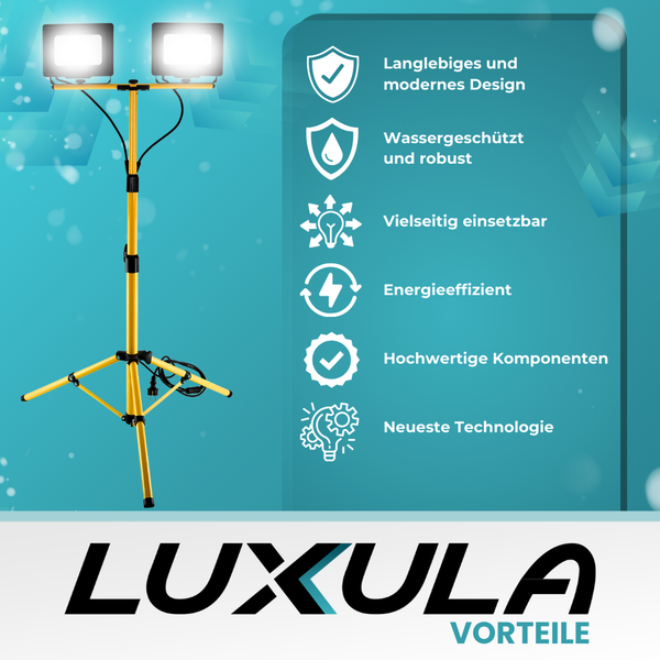 LUXULA LED Baustrahler mit Stativ 2x30W 4000K Neutralweiß 6000Lm IP65 Strahler mit Schutzkontaktstecker