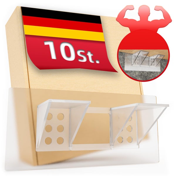 Transparente Montageclips, 10 Stück, hohe Belastbarkeit, hergestellt in Deutschland.