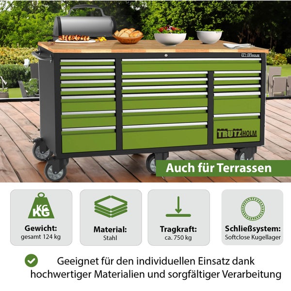 Trutzholm Werkstattwagen aus Stahl mit Holz-Arbeitsplatte auf einer Terrasse, zahlreiche Schubladen, Softclose-System, Tragkraft circa 750 Kilogramm.