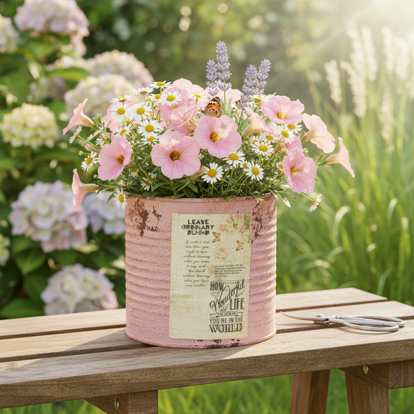 Dekorativer Blumentopf als rosa Blechdose mit rosa Petunien, Gänseblümchen und Lavendel auf einer Gartenbank aus Holz mit einer Gartenschere.