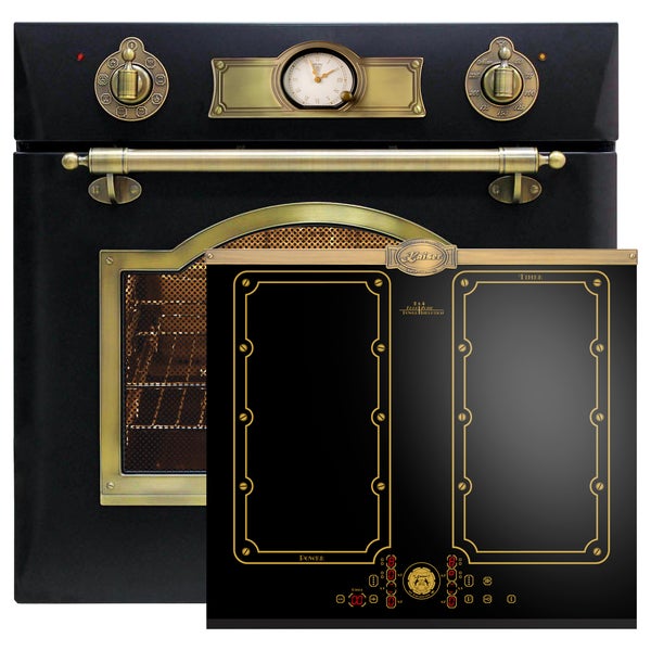 Kaiser Einbaubackofen mit Induktionskochfeld im Retro Design mit Messingelementen und analoger Uhr.